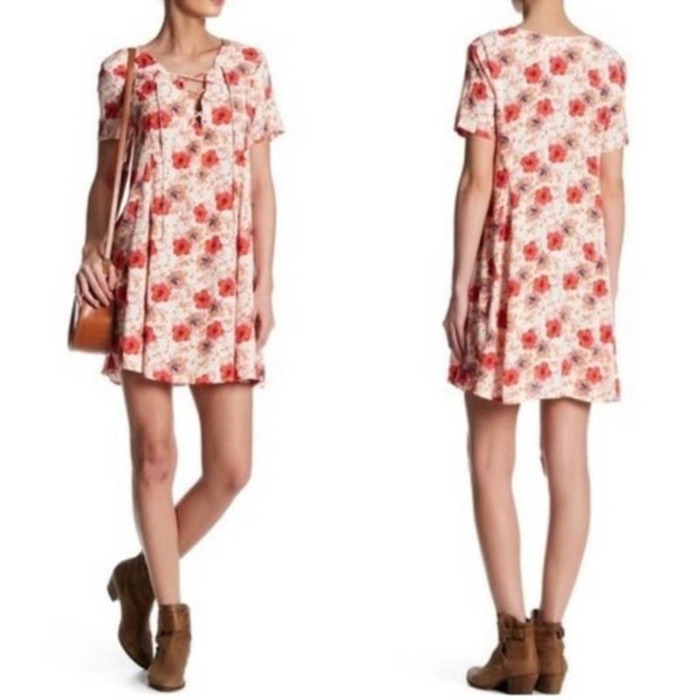 ASTR The Label Women’s Hibiscus Floral‎ Lace-Up Feminine Twee Shift Dress Size L